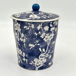 Vintage Daher Toleware Biscuit Tin Blue Chinoiserie Cherry Blossom Tea Canister
